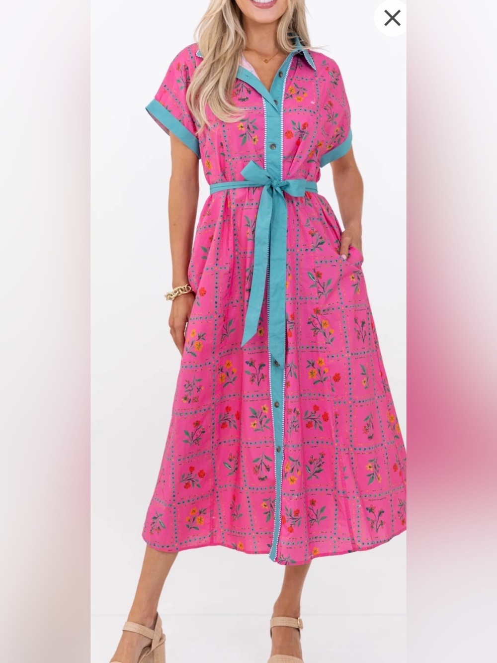 Umgee Pink Floral A-Line Midi Skirt with Teal Trim